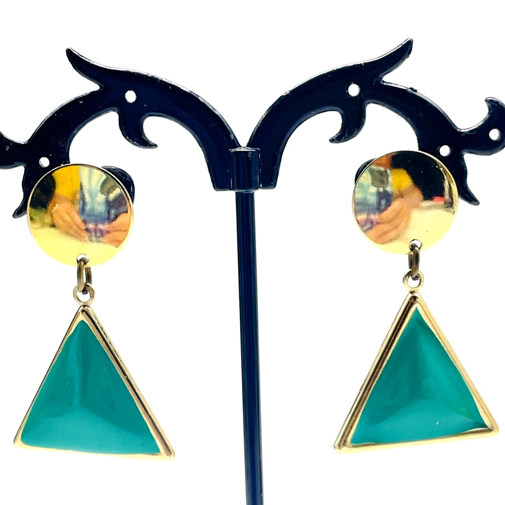 Vintage Pierced Dangle Earrings Green Triangle Bead Gold Tone Geometric Drop